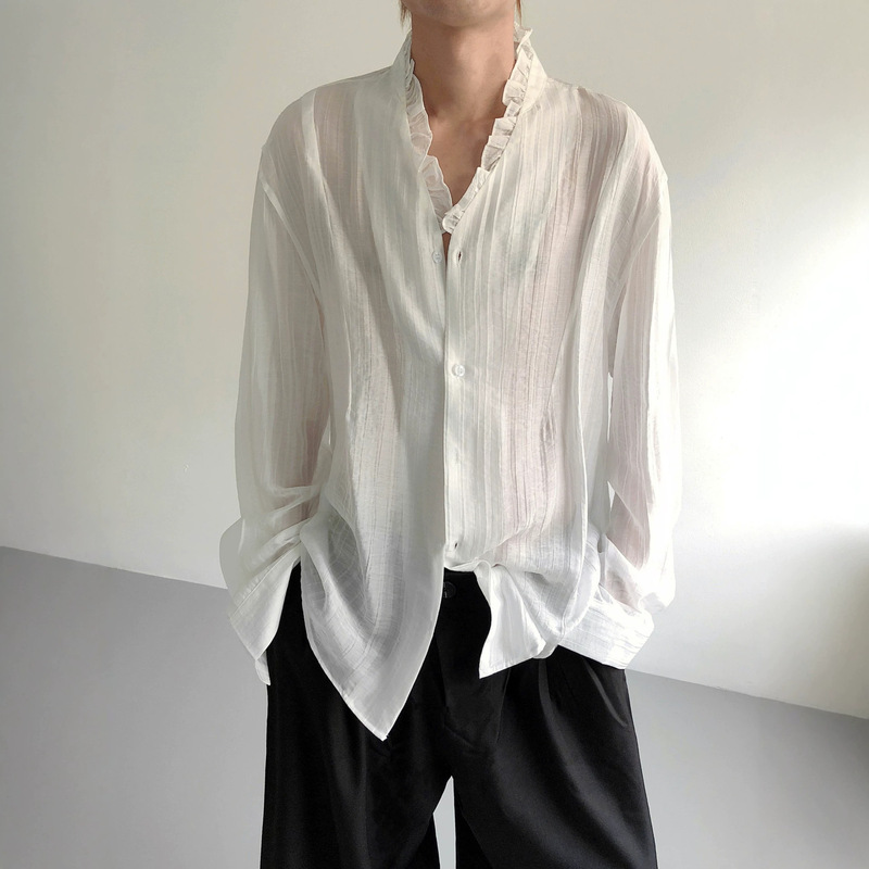 American-Style Japanese Lace Texture Pleated V-Neck Shirt for Men, Long-Sleeved French Design Casual Shirt, Sun Protection Shirt
