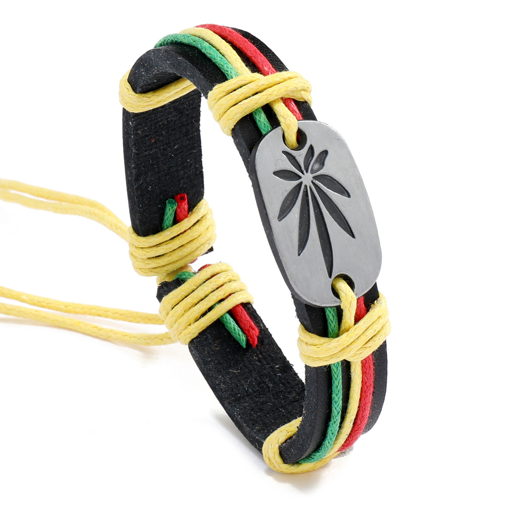 Cross-border new Jamaica red, yellow, green large leaf cowhide bracelet, hip-hop street dance leather accessory