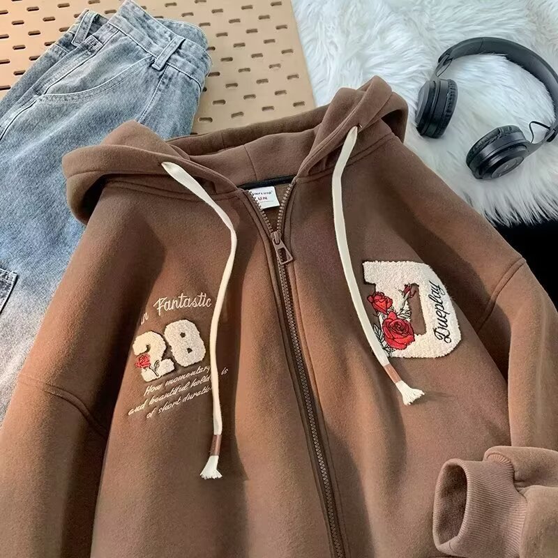 Felpa con cappuccio e cerniera retrò – Felpa unisex oversize con grafica anime (beige/marrone/nero, S-3XL)_voghion.com
