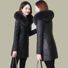 棉袄女中老年皮棉衣中长款新款加厚修身妈妈冬装连帽羽绒棉服外套