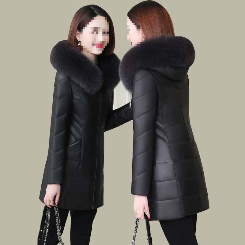 棉袄女中老年皮棉衣中长款新款加厚修身妈妈冬装连帽羽绒棉服外套