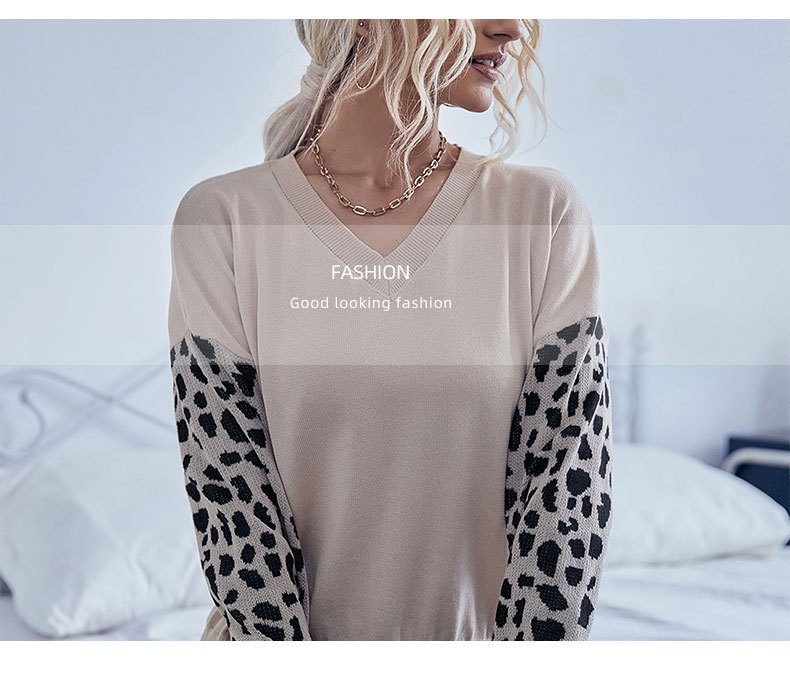 autumn leopard stitching long-sleeved V-neck sweater nihaostyles wholesale clothing NSDMB93858