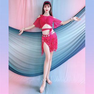 Baiya Qianhui Belly Dance Practice Clothes 2025 Spring and Summer New Dance Short Suit Lotus Leaf Short-Sleeved Tassel Skirt