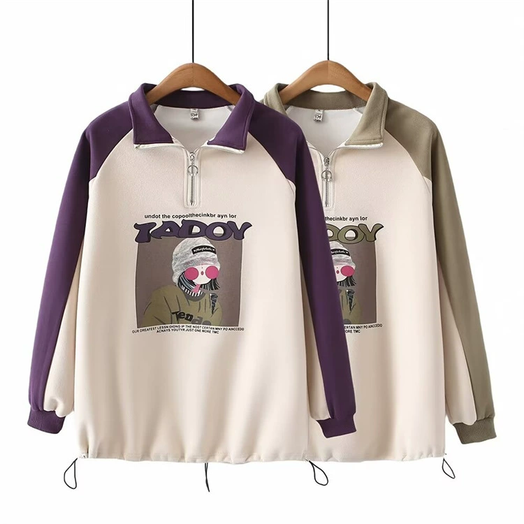 Женская одежда больших размеров 2024 Весна новая пухлая Девушка Повседневная для похудения соответствие цветов с принтом пуловер на молнии свитер с лацканами 4027