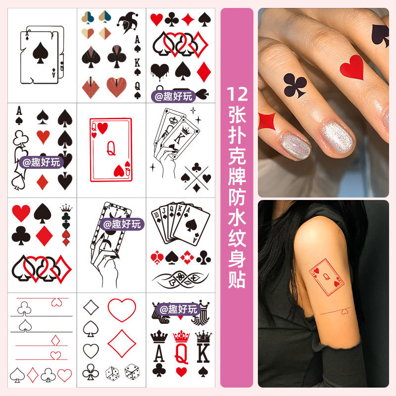 Fun Poker Color Tattoo Sticker Women's Waterproof Sweat-proof Personalized Finger Small Figure Arm Temporary Tattoo Sticker for Men
