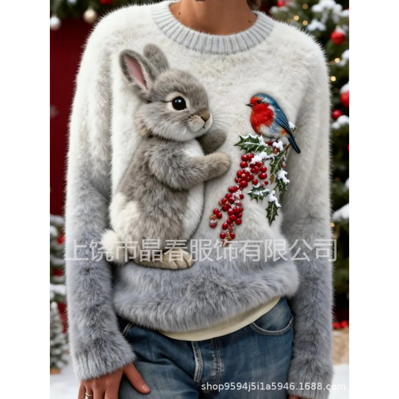 New Cross-Border Independent Site Digital Printed Flannel Christmas Women's Round Neck Sweater Autumn and Winter Pullover