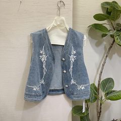 2025年秋新作 刺繍入りノースリーブファッションデニムベストジャケット レトロカーディガンベストトップス レディース