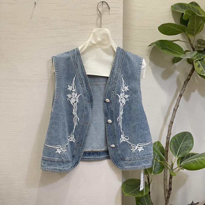 2025年秋新作 刺繍入りノースリーブファッションデニムベストジャケット レトロカーディガンベストトップス レディース|undefined