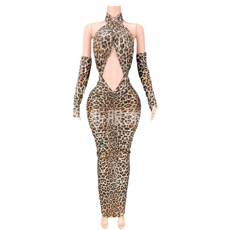 Novance más tamaño ropa de mujer a granel lentejuelas ahueca hacia fuera el vestido de estampado de leopardo vestido de novia elegante de las mujeres