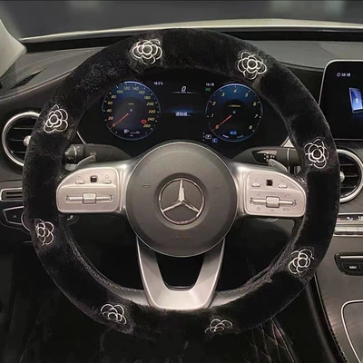 Steering wheel cover, Wheel Cover Winter Plush Warm - plush-black-camellia-steering-wheel-cover-round-38cm