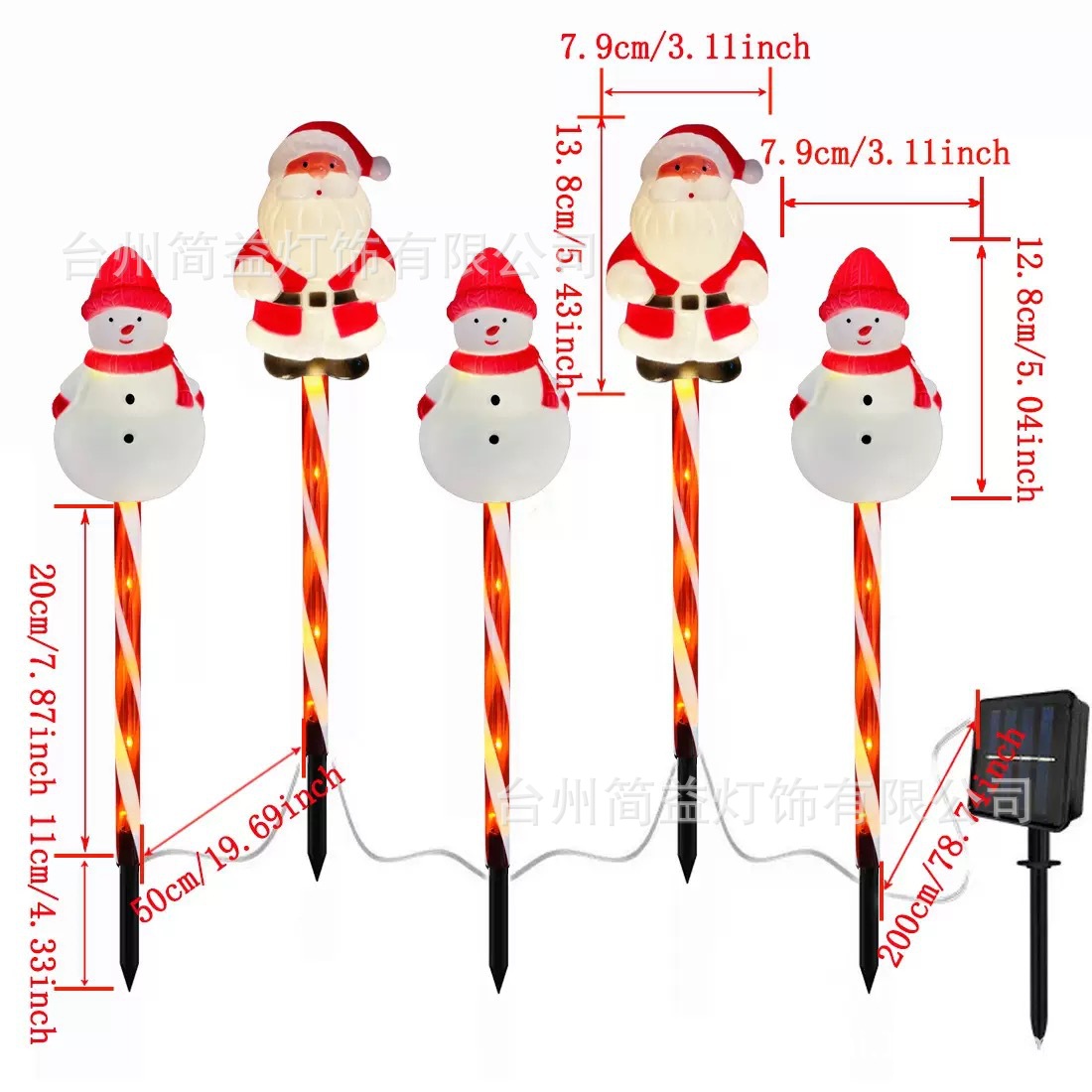 Un remolque de cinco muñecos de nieve Papá Noel - tubo rojo - energía solar