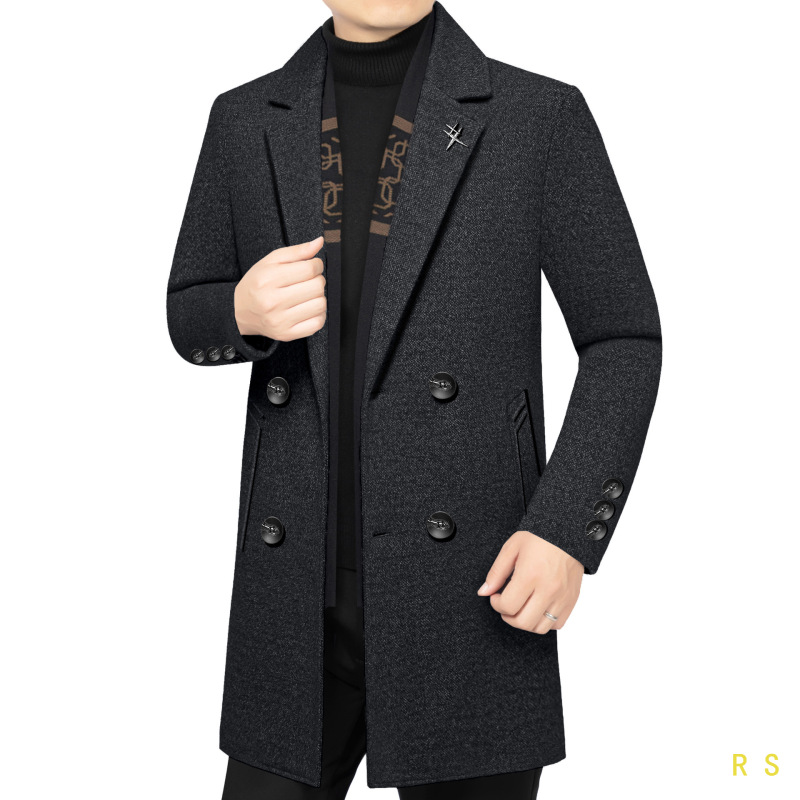 2026 Autumn/Winter New Men's Woolen Suit with Scarf Collar, Down Liner, Mid-Length Coat