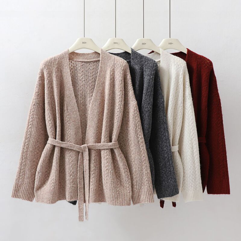 New autumn and winter bathrobe, thick, with a belted waist, open-front design, lapel collar, casual style, suitable for commuting, with ties, simple, mid-length, retro top, sweater New autumn and winter bathrobe, thick, with a belted waist, open-front design, lapel collar, casual style, suitable for commuting, with ties, simple, mid-length, retro top, sweater