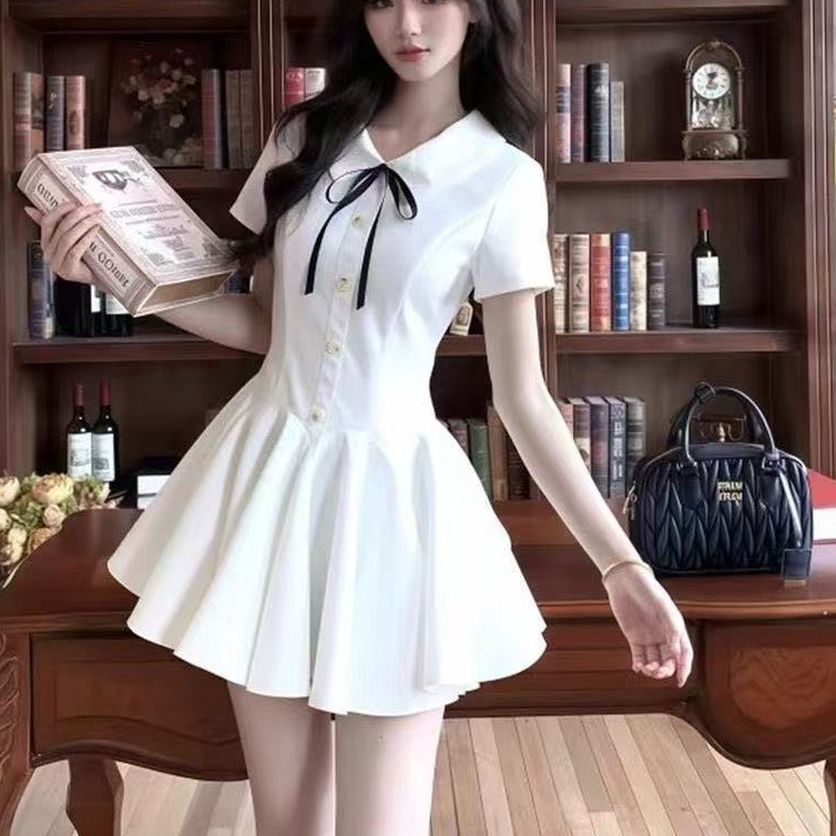 Summer College Style White Bow Button Polo Collar Dress for Women, Waist-Cinching Pleated Princess Dress, Short Dress, Cross-Border