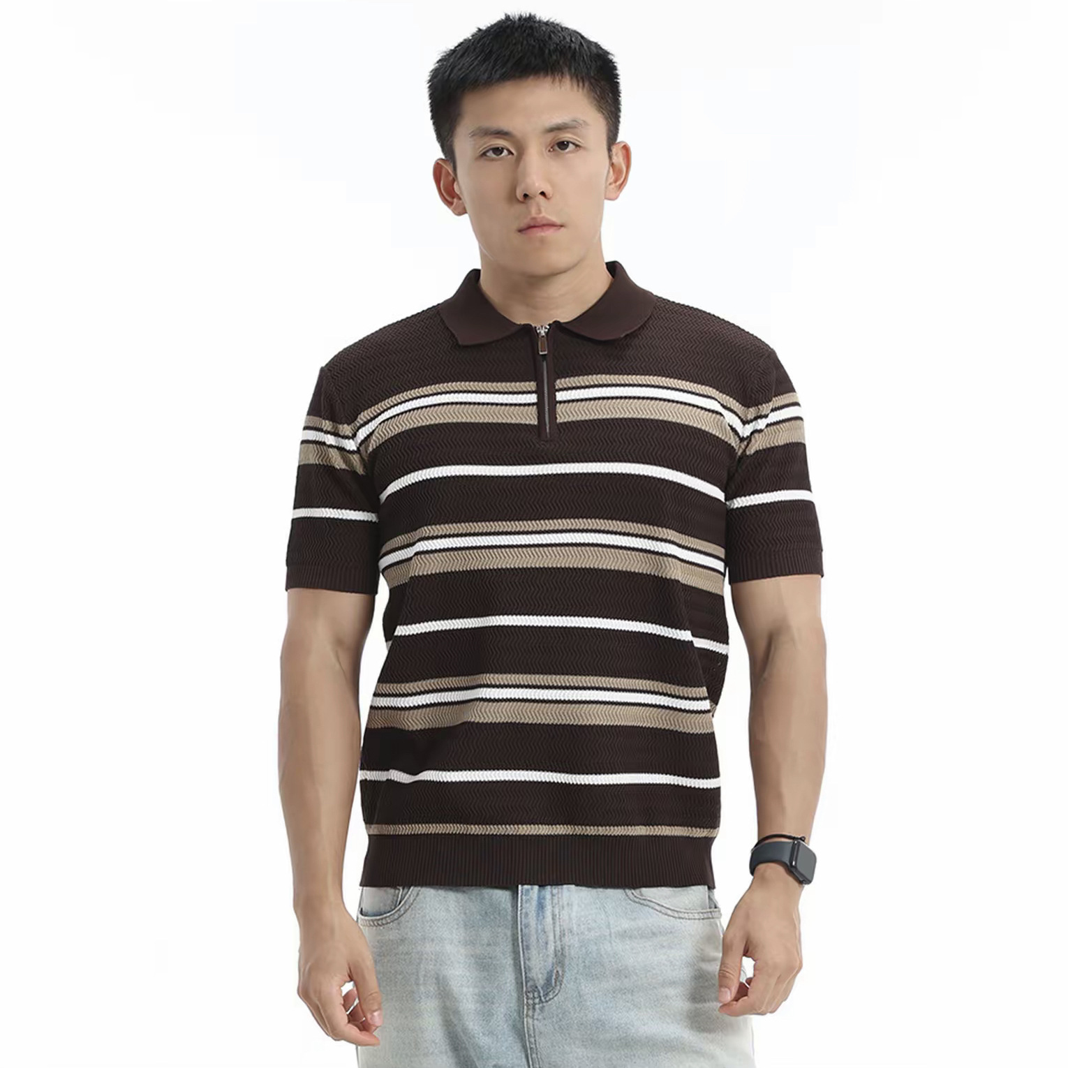 Polo camiseta de punto camiseta de manga corta hombre con solapa tirada cremallera vieja camiseta de hielo de viento de verano fábrica transfronteriza mayorista