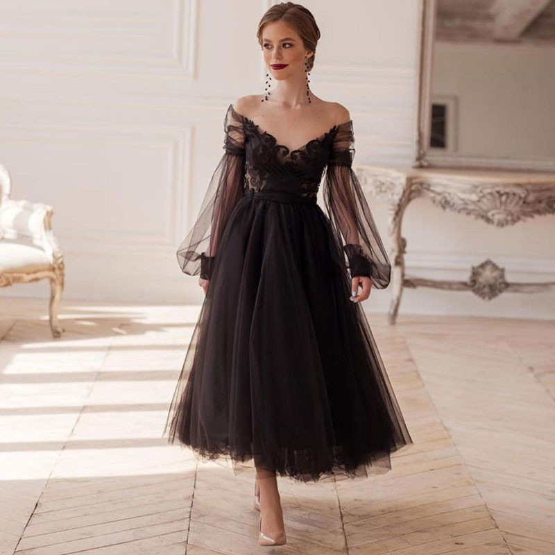 Cross-Border Supply 2026 New European and American Style Black Lace Off-Shoulder Dress Elegant V-Neck Formal Ball Party Evening Wear