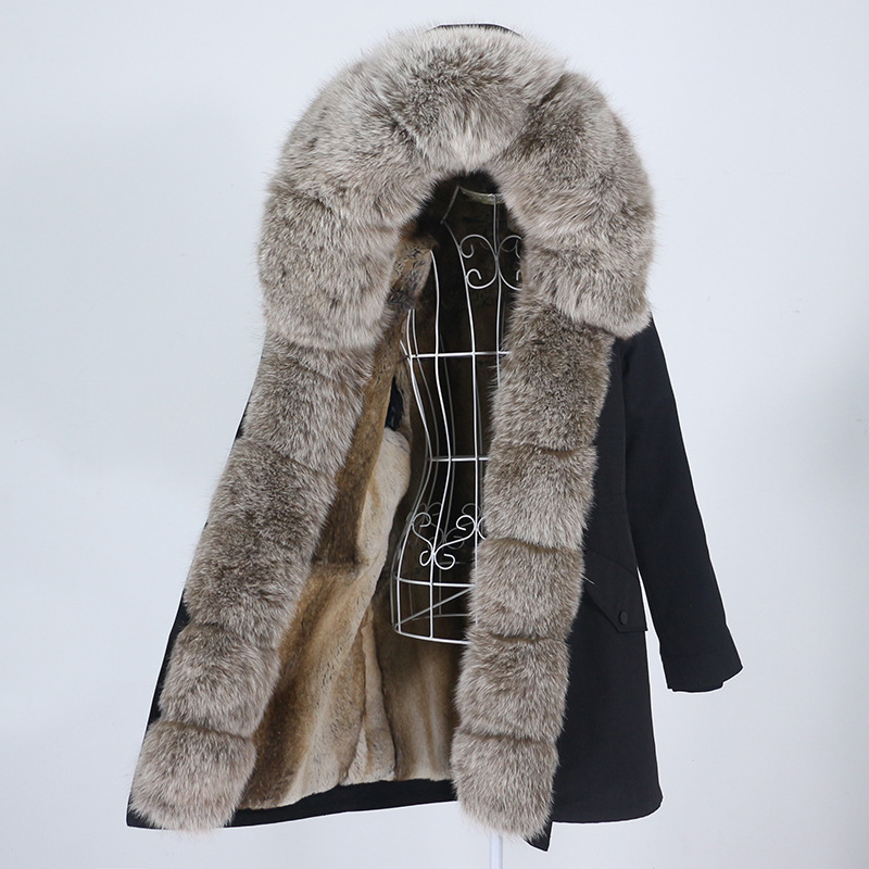 Damkläder hett säljande pälsparka dam avtagbar fodrad pälskrage med mellanlång modern varm kappa med huva_voghion.com