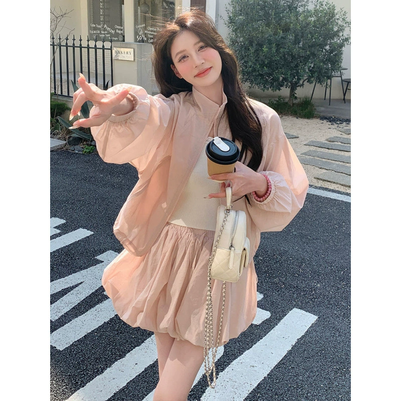 Розовый укороченный топ, костюм с юбкой-бутоном, женский милый летний наряд, полный комплект солнцезащитной одежды и юбки, комплект из двух предметов.