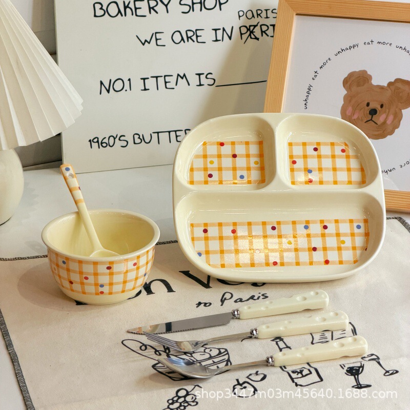 Cute Three-Compartment Ceramic Dinner Plate for Adults, 211 Special Square Divided Plate for Weight Loss, Children's Breakfast Plate, New Model