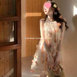 2026夏季新款法式绝美气质立体背心花朵连衣裙挂脖小个子公主短裙