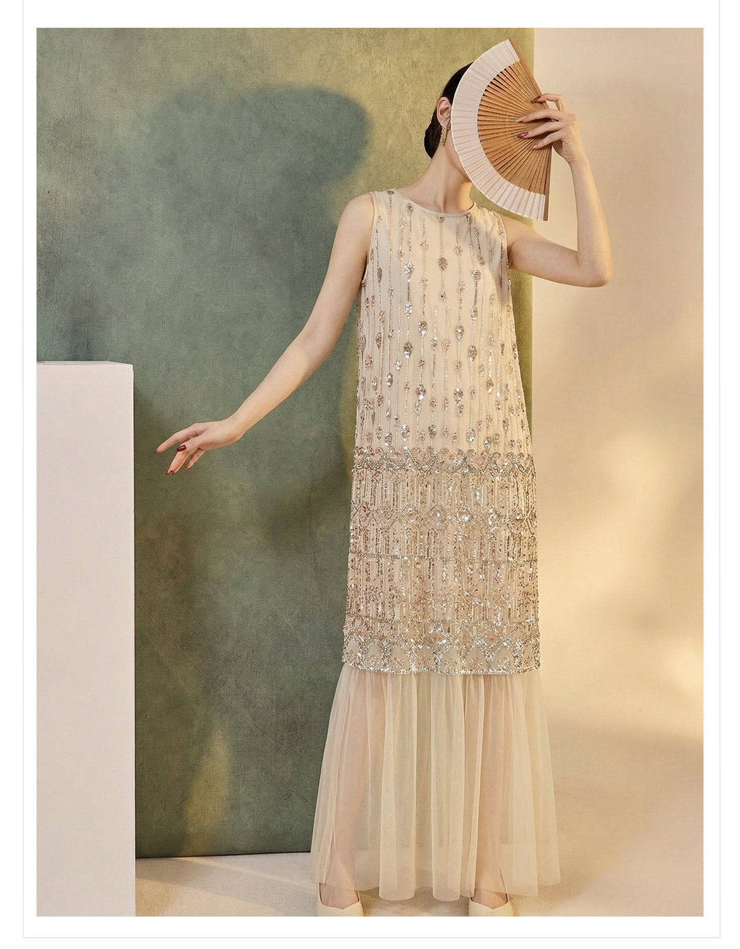 Đầm suông nữ midi phong cách Guofeng tay không sequin cao cấp — màu trắng ngà chi tiết 11