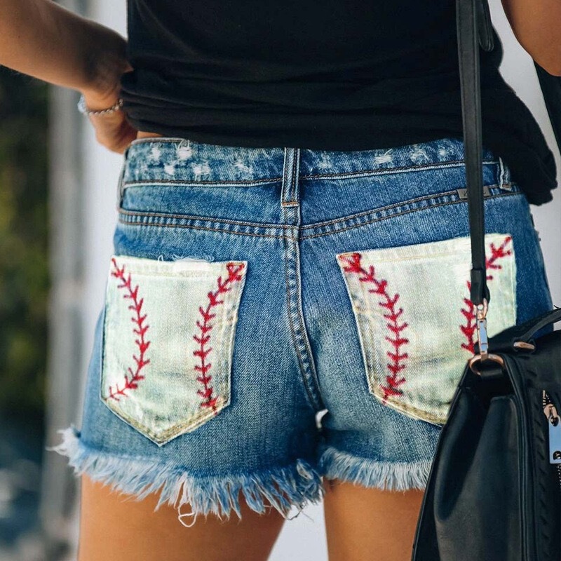 2023 European and American Cross-border New Sports Style Denim Shorts Printed Softball Hole Tassel Denim Shorts