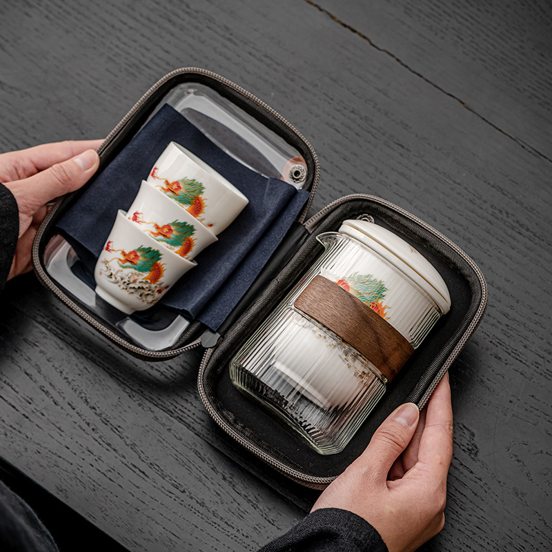 龙行大运羊脂玉旅行陶瓷茶具套装一壶三杯便携式户外礼品logo定制