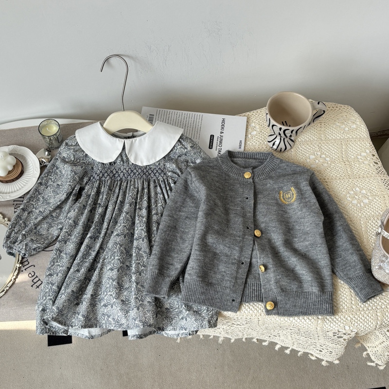 韓国風子供服女の子秋服セット24新作子供用グレーニットカーディガン万能長袖プリンセスドレス|undefined