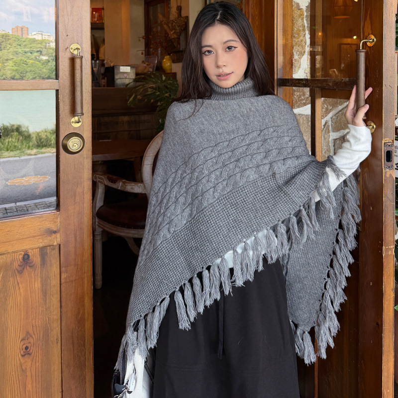 Korean-style high-neck irregular knitted fringed shawl cape for women, autumn and winter stylish and versatile outerwear