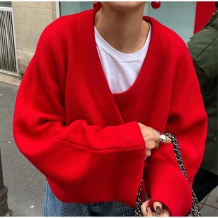 2024 Autumn New European and American Cross-border Women's Fashion V-Neck Solid Color Double-sided Woolen Jacket Coat 2220