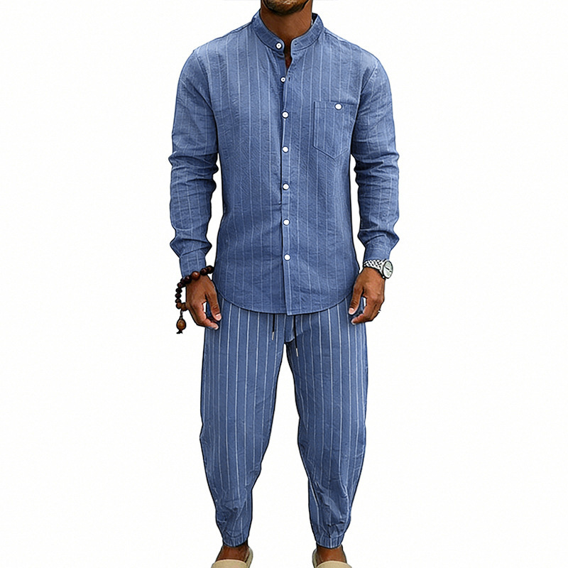 Transfronterizos primavera y otoño hombre deportivo a rayas verticales camisa casual de manga larga cardigan a rayas transpirables pantalones de dos piezas