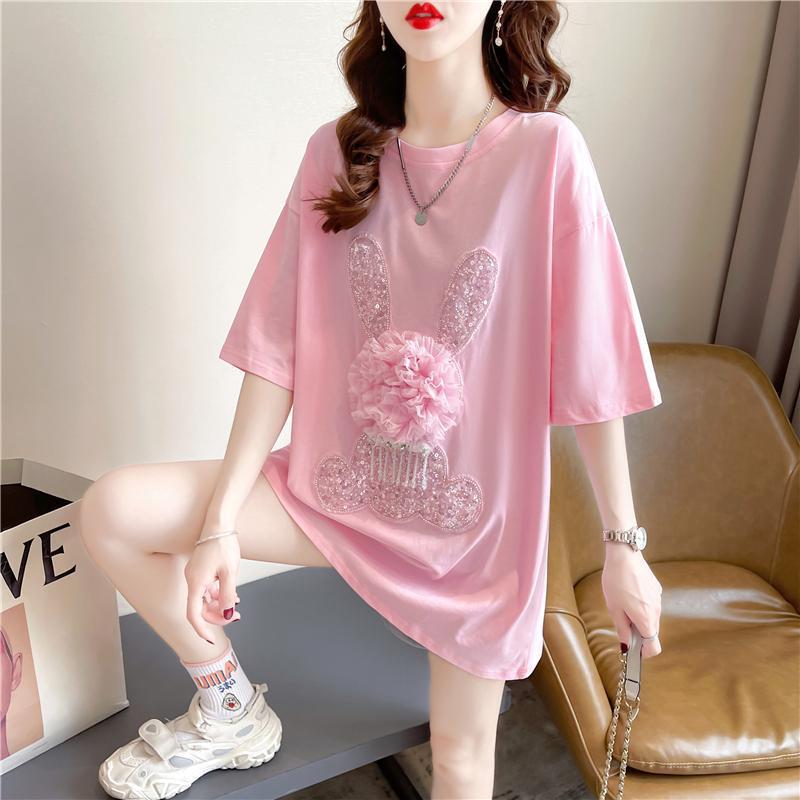 Super plus size 300 Jin Heavy Industry Hot Drilling Embroidered T-shirt Women's Short Sleeve Western Style Korean All-match Age-reducing Chanel Style Top Women