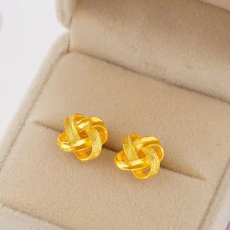 Gold Store Same Style Sand Gold Ancient Ruyi Chinese Knot Earrings for Women, Brass Gold-Plated Simple Fashion Design Earrings