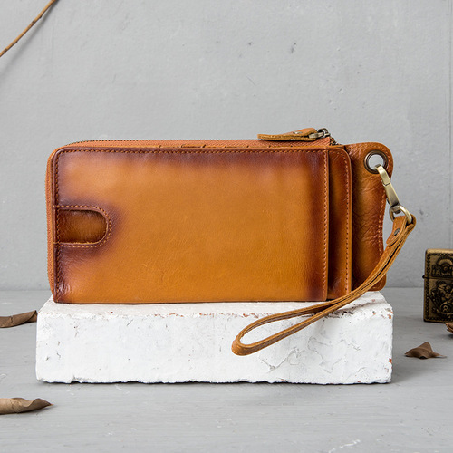 Men's New Genuine Leather Grab Bag Large Capacity Casual Handbag Multi-functional Wallet Multi-card Slot Zipper Phone Bag