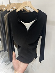设计感假两件长袖上衣 2025秋季气质女装拉链领拼色修身打底衫T恤