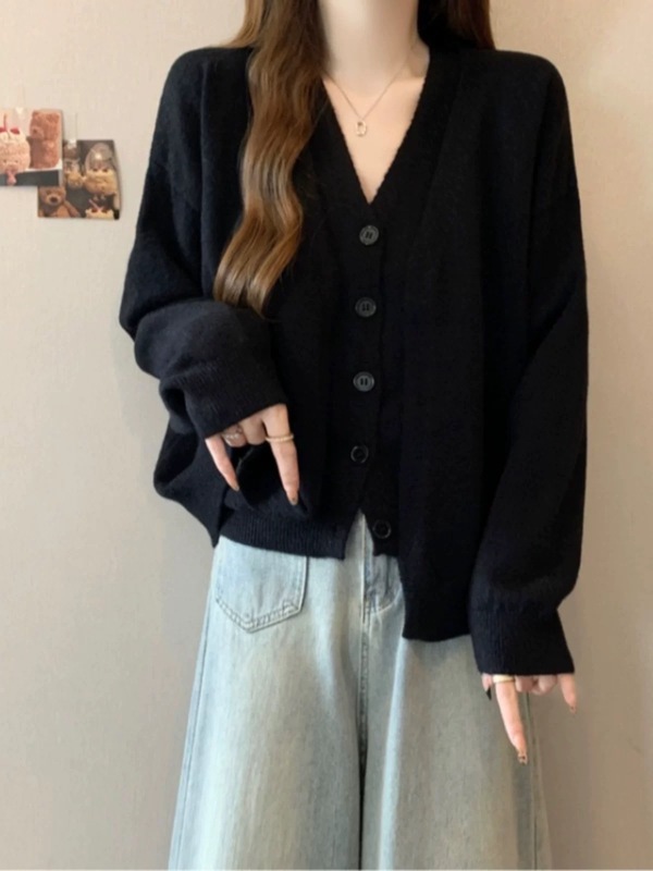 2025秋冬新款V领马甲毛衣开衫两件套女宽松休闲气质显瘦针织套装|undefined