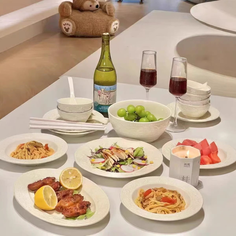 Embossed Light Luxury Series Household Underglaze Ceramic Bowls Creative Tableware Hotel Household Bowls and Plates Large Fish Plate Set Embossed Light Luxury Series Household Underglaze Ceramic Bowls Creative Tableware Hotel Household Bowls and Plates Large Fish Plate Set