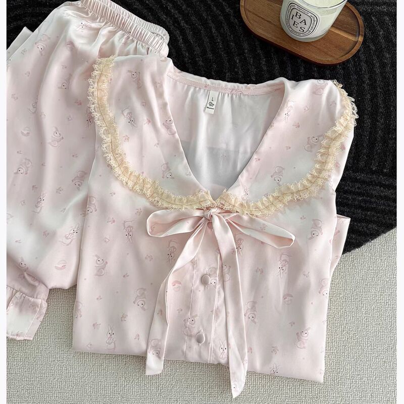 Doll Collar Pajamas for Women, Long-Sleeved, All-Season Style, Pure Lust Lace, Ice Silk Set, Sweet and High-End Loungewear Doll Collar Pajamas for Women, Long-Sleeved, All-Season Style, Pure Lust Lace, Ice Silk Set, Sweet and High-End Loungewear