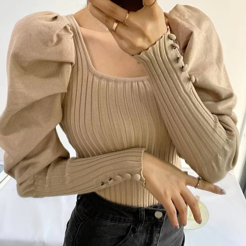 French Style Retro Court Style Square Collar Bubble Sleeve Knitted Jumpsuit Women's Spring and Autumn Solid Color Long Sleeve Pullover Base Shirt