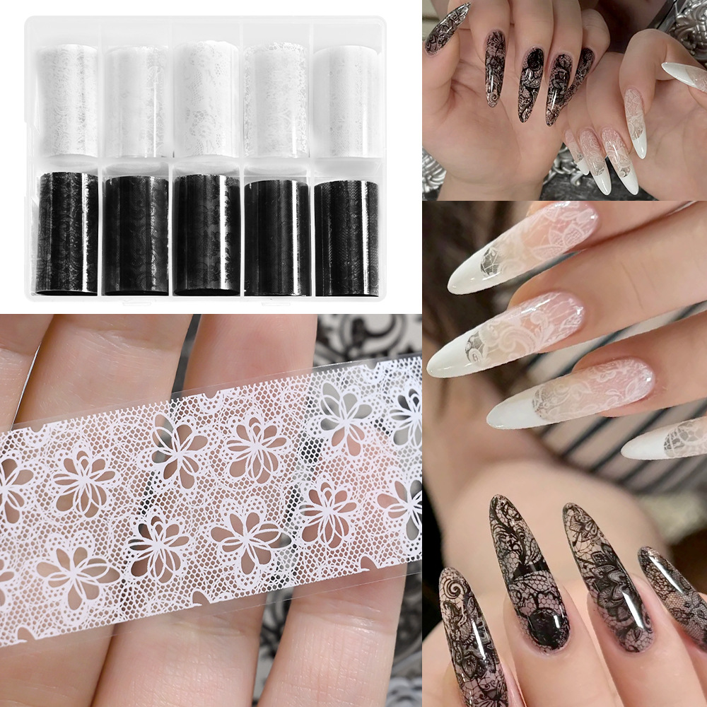 Cross-border bestseller: 10-sheet transfer paper for hollow-out nail art, beautiful and simple black and white lace starry sky sticker set