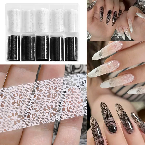 Cross-border bestseller: 10-sheet transfer paper for hollow-out nail art, beautiful and simple black and white lace starry sky sticker set