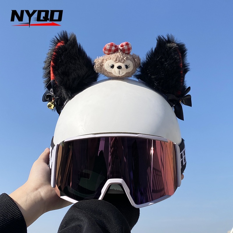 White pink curly bear ear helmet decoration, detachable ski helmet universal accessory, ski helmet accessory