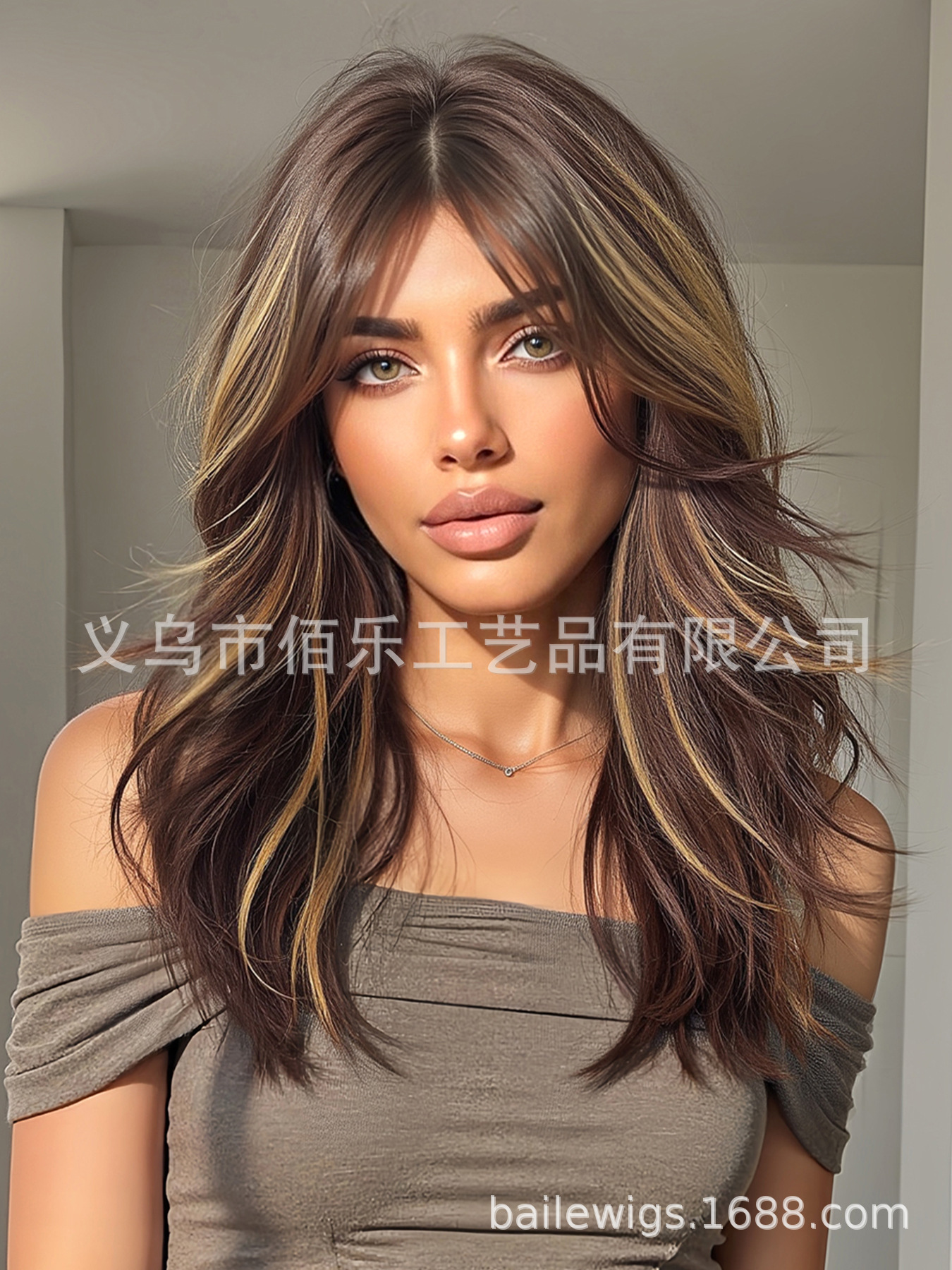 Pelucas marrones con picadura, flequillo de ocho caracteres, cabello largo y rizado transfronterizo, cubierta de cabeza completa, fibra química femenina, spot europeo y americano al por mayor wigs