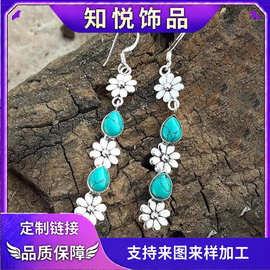 欧美跨境新款水滴形长款耳坠绿松石花朵耳环气质简约复古女士礼物