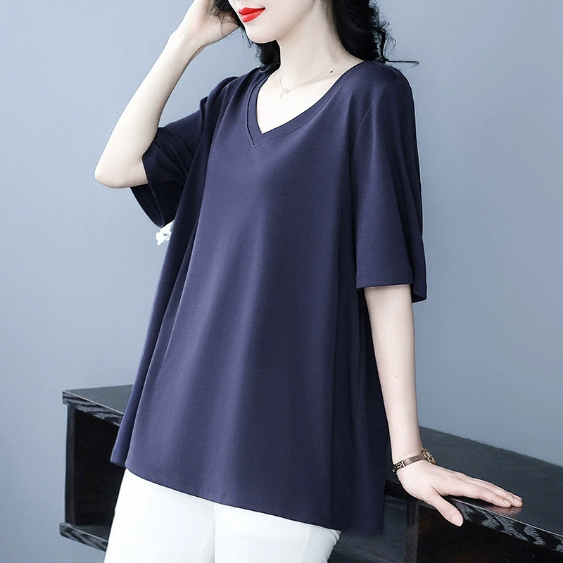 2025 Новый V-образный ошейник повседневный свободный с короткими рукавами футболка дикий топ большой размер свободный дышащий женский