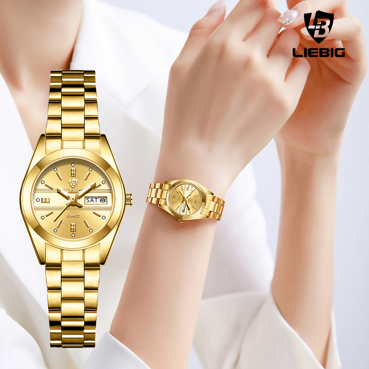 Lebingi Quartz Watch Is a Popular Luxury Gold Women's Watch in Southeast Asia with Steel Band, Calendar, and Waterproof Features