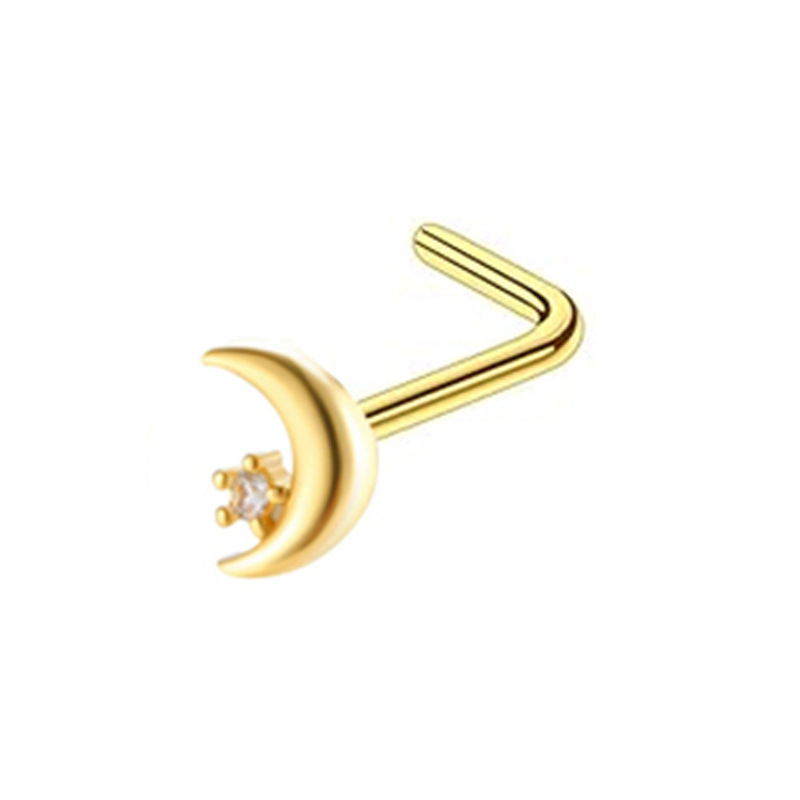 Stainless Steel Nose Stud With Zircon Stone L-shaped Piercing_voghion.com
