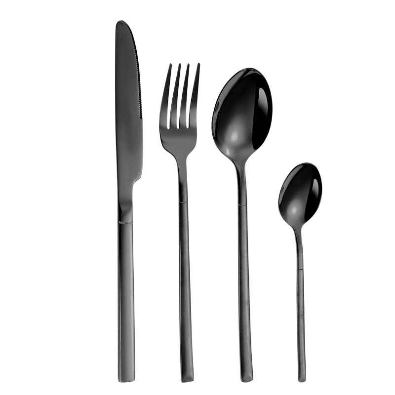 Traje de vajilla de acero inoxidable de Amazon transfronterizo Caballero cuchillo de carne, tenedor y cuchara pequeña caja negra vajilla occidental vajilla de regalo