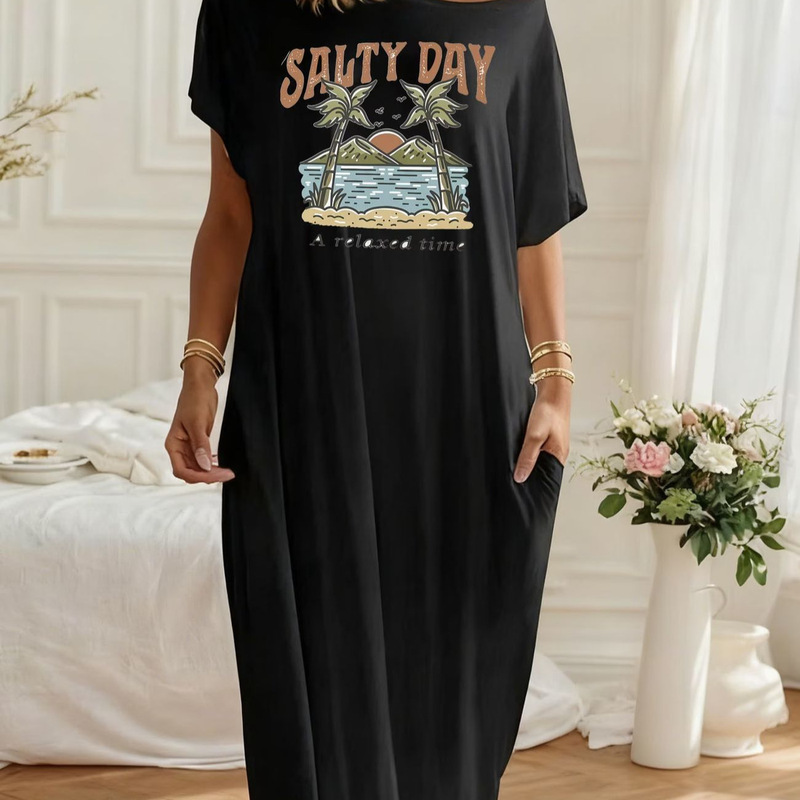 Cross-Border European and American Style Tropical Coconut Tree Print Comfortable Holiday Long Dress Cross-Border European and American Style Tropical Coconut Tree Print Comfortable Holiday Long Dress
