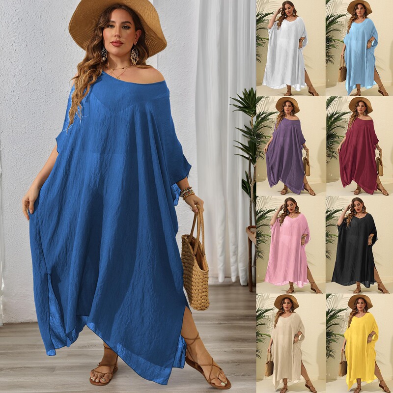Women's dress Cross-border European and American plus size Women's Solid Color Loose Blouse Beach Vacation Split Dress